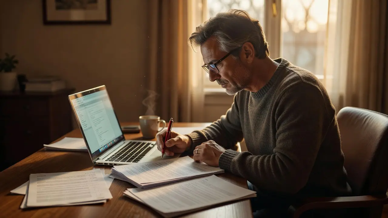 A proofreader reviewing a document on a laptop with a red pen and printed pages