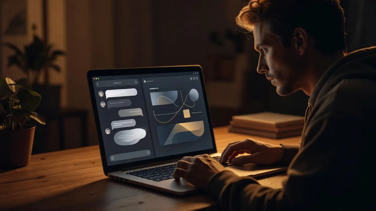 A person at a laptop using AI tools to deliver freelance services, with chat and design windows on screen