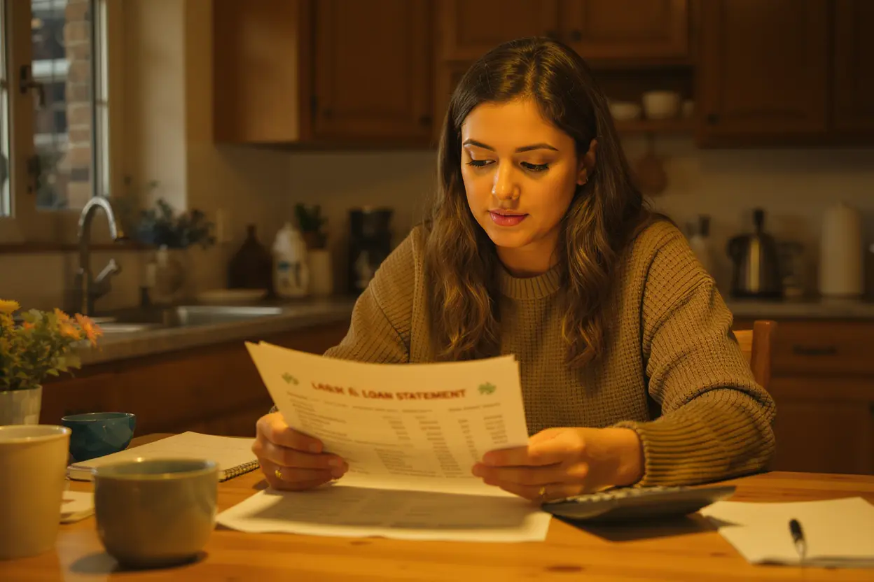 A person calmly reviewing a payday loan statement and calculator at a table