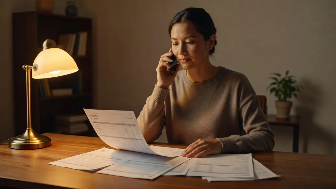 A person on the phone reviewing credit card statements while negotiating a debt settlement