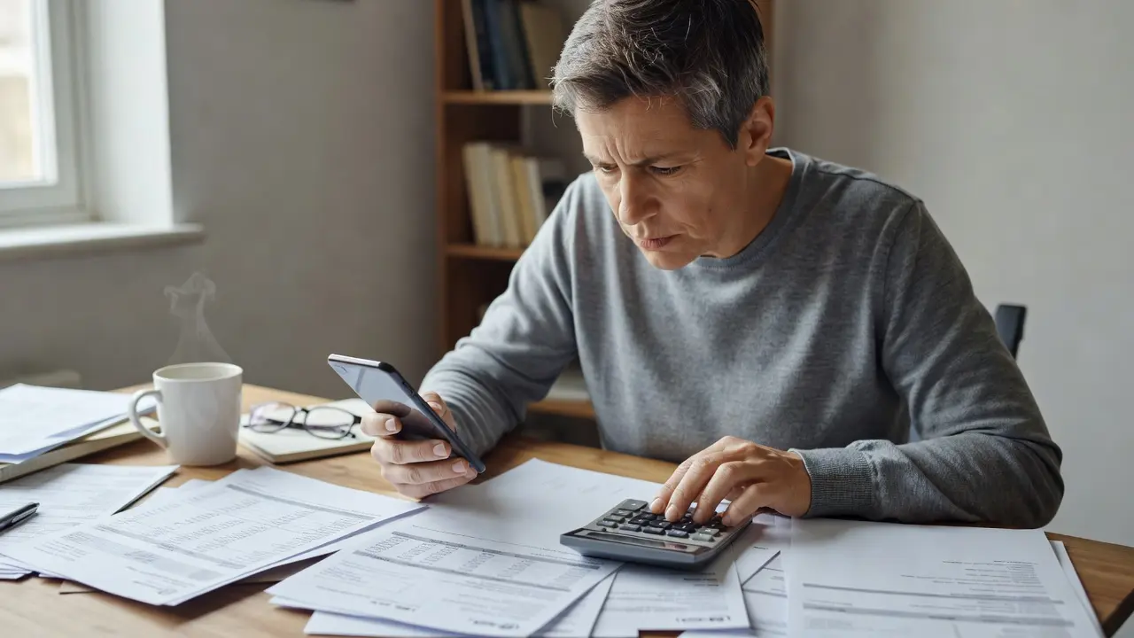 Person at a desk reviewing a medical bill with a phone and calculator, preparing to call the billing department to negotiate