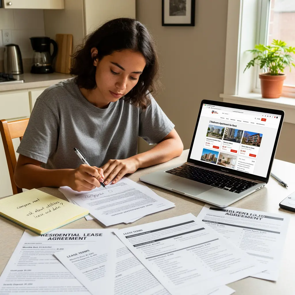 A tenant reviewing a lease agreement and comparable rental listings before a negotiation
