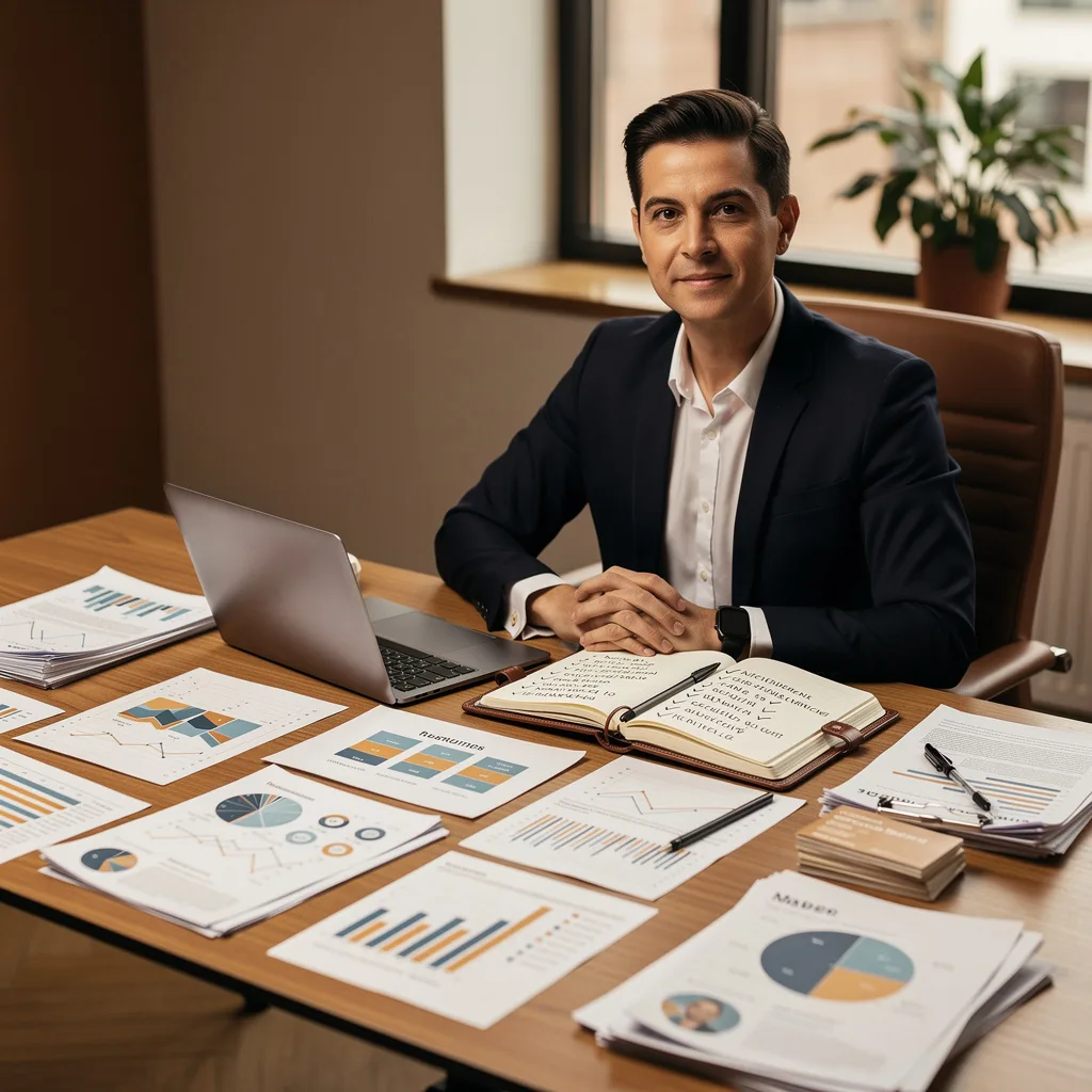 Professional preparing for salary negotiation with market research printouts and notebook of achievements on desk