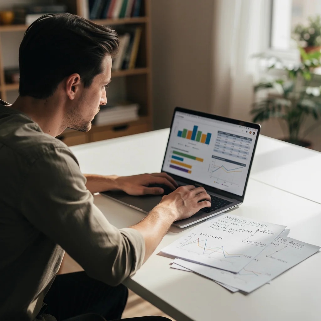 Person reviewing salary data on laptop with Glassdoor and BLS data visible alongside handwritten notes on market rate
