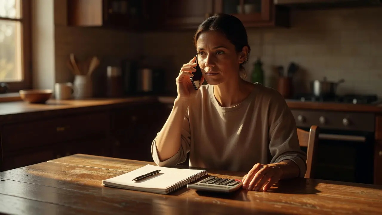 A person on the phone calmly discussing a bill with a notepad and calculator nearby