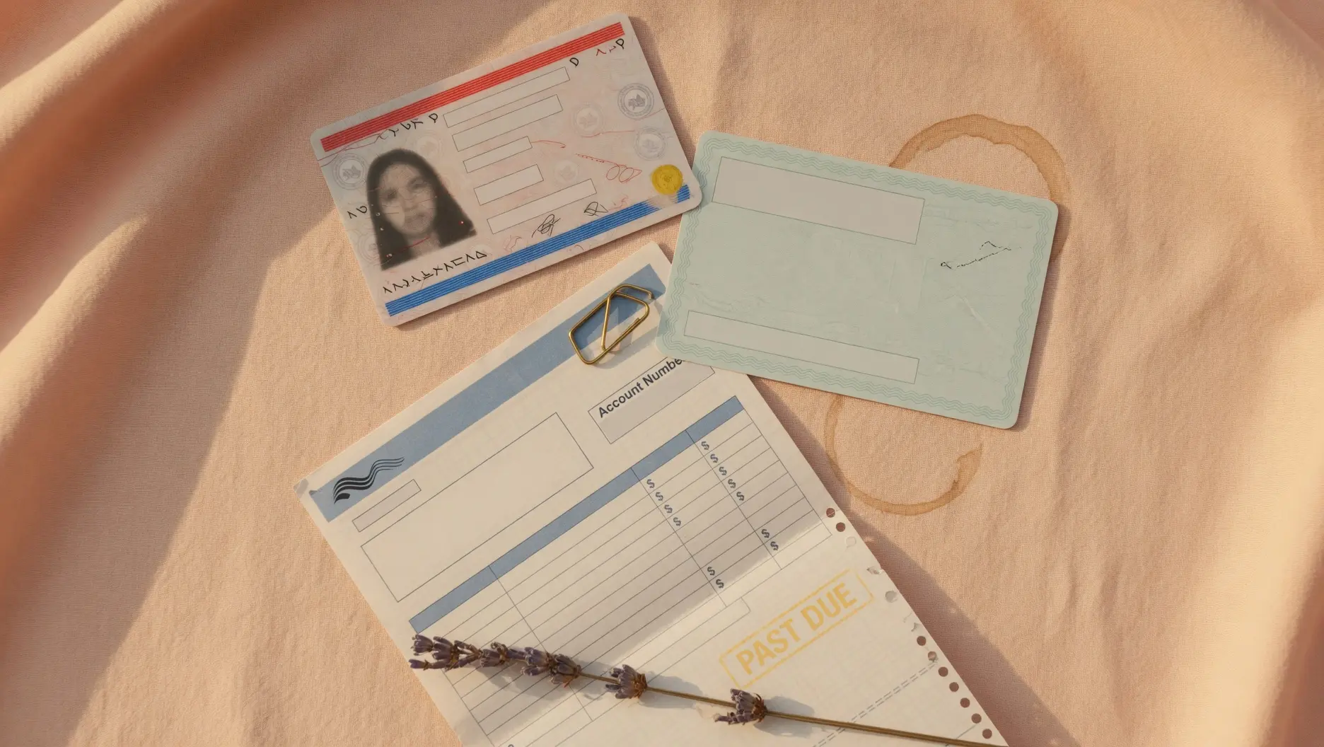 Flat lay of documents needed to open a bank account online including drivers license social security card and utility bill