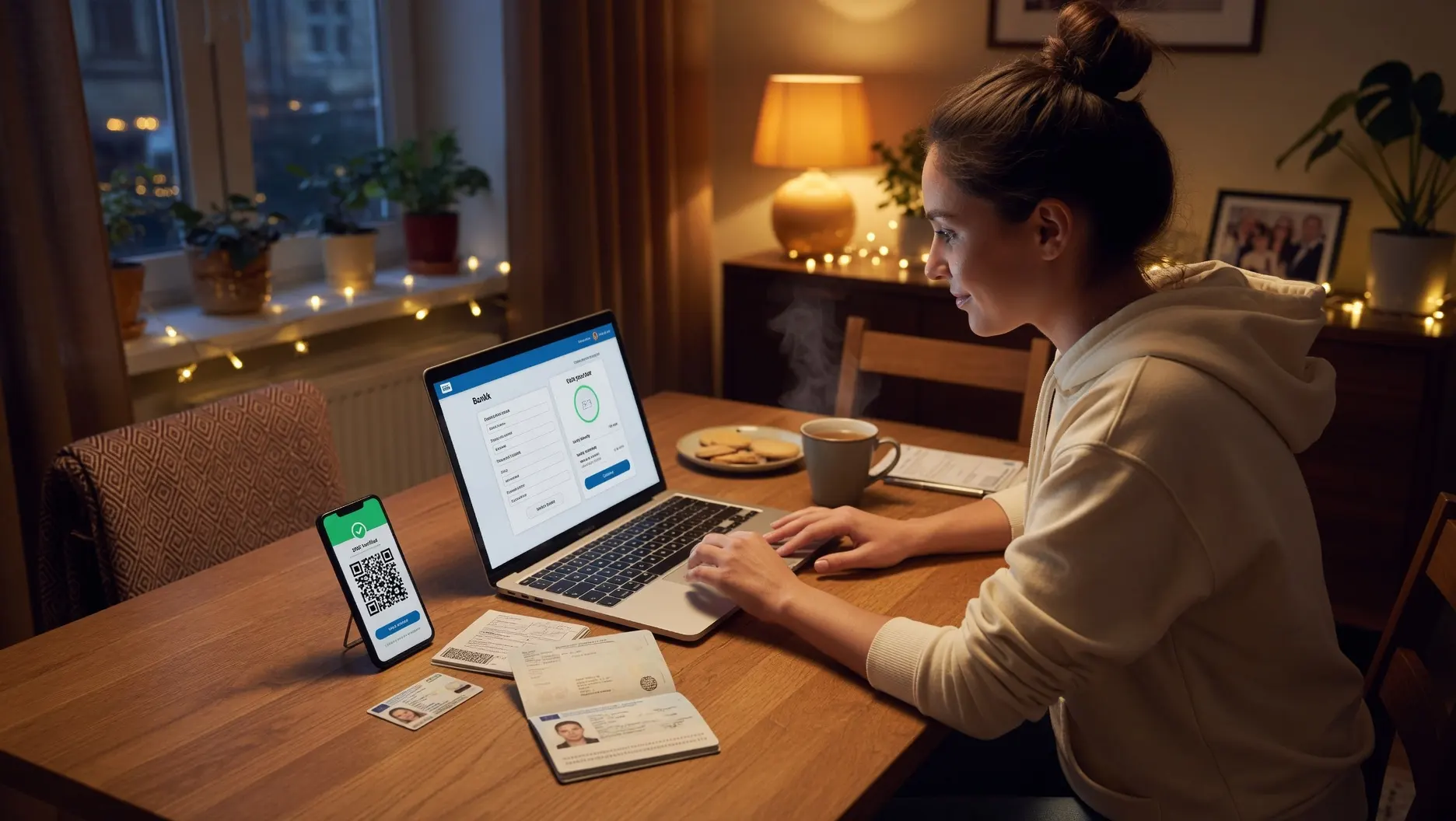 Person opening a bank account online on laptop with government ID and smartphone ready for identity verification