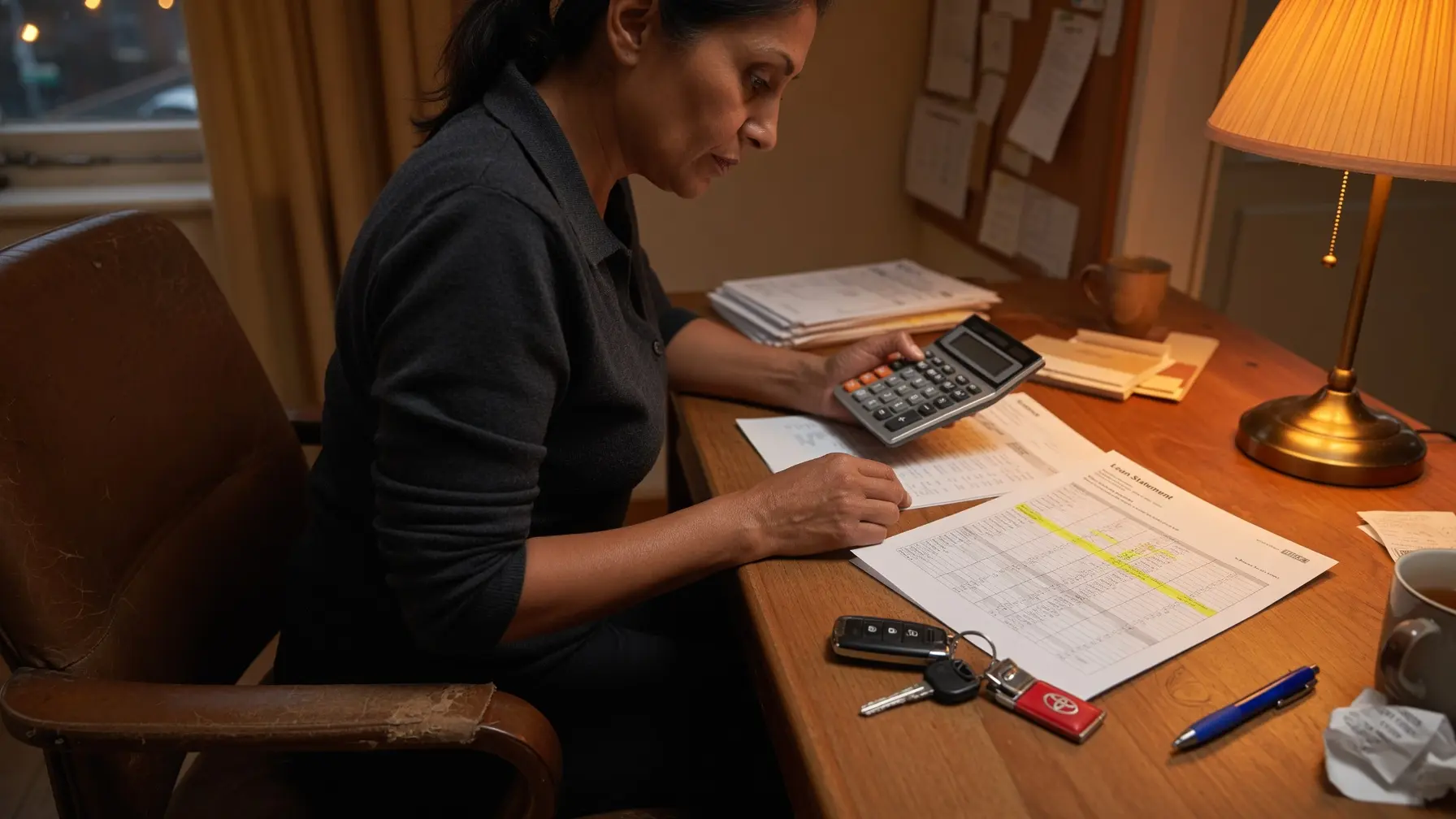 Person reviewing a car loan statement and calculator at a desk with car keys, planning to pay off the loan early