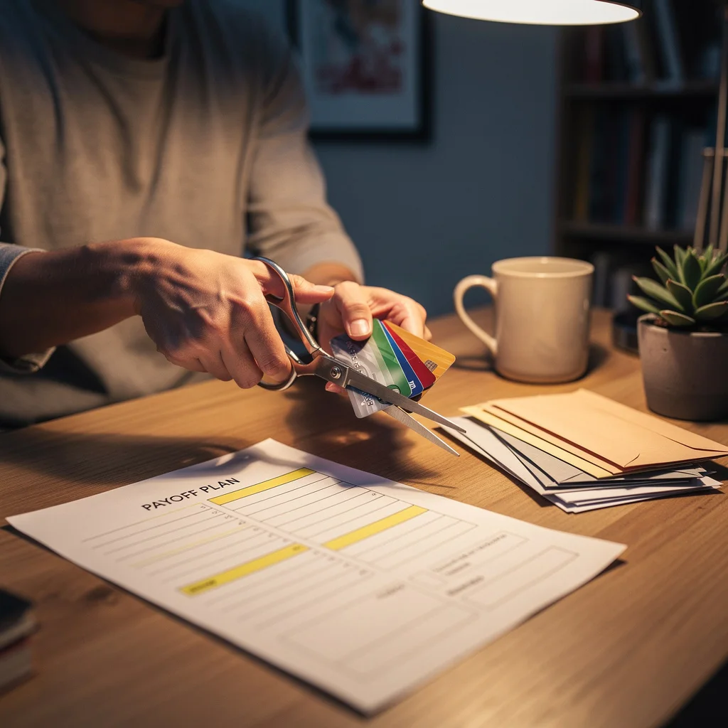 Person cutting credit cards with scissors next to a written payoff plan showing declining balances month by month