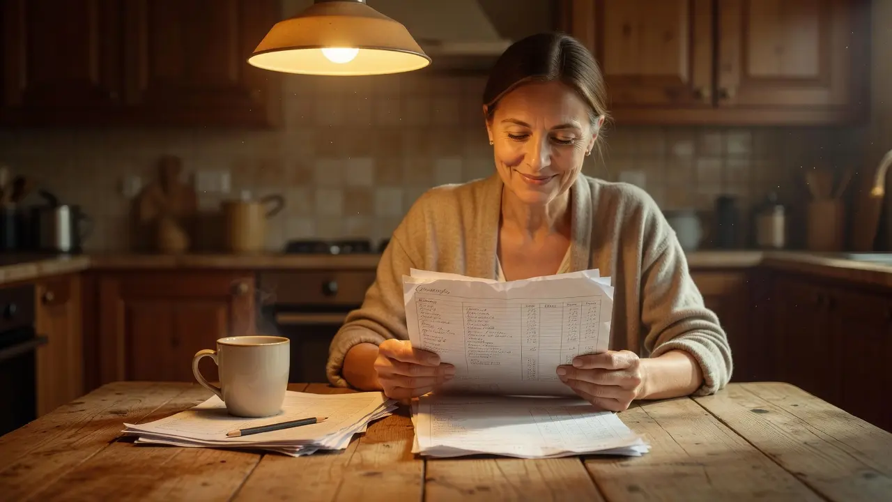 A person reviewing bills and a small budget at a kitchen table, working out how to pay off debt on a low income
