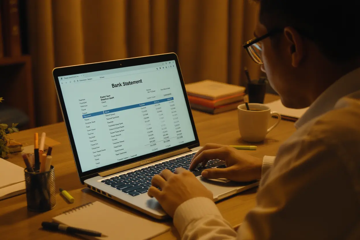 A person reviewing a bank statement on a laptop screen with a highlighter and notepad nearby