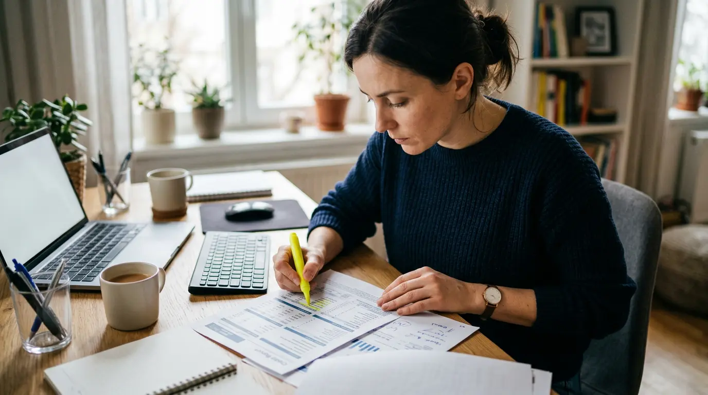 A person reviewing a printed credit report at a desk with a highlighter, checking accounts and inquiries for errors
