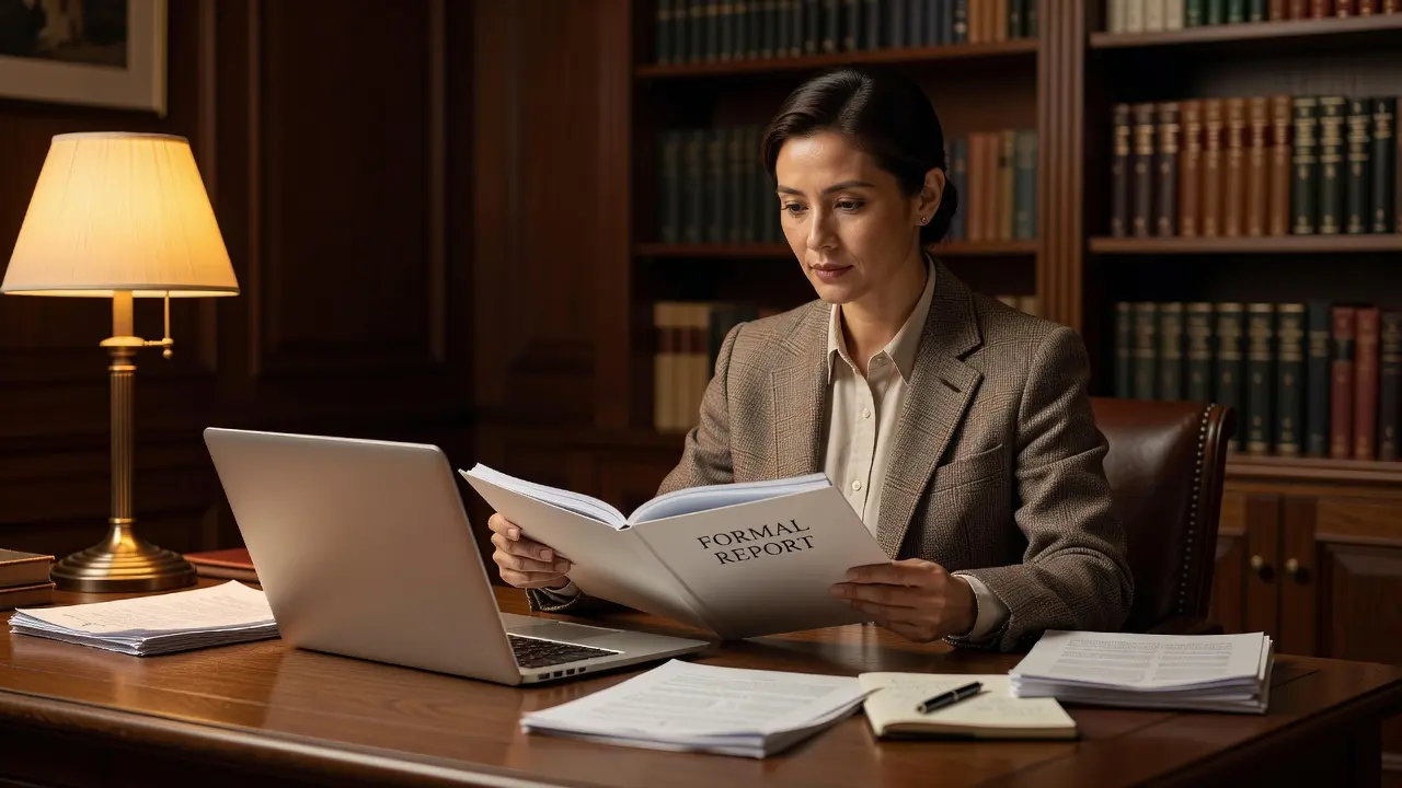A person calmly reviewing documents and a laptop while filing a formal identity theft report