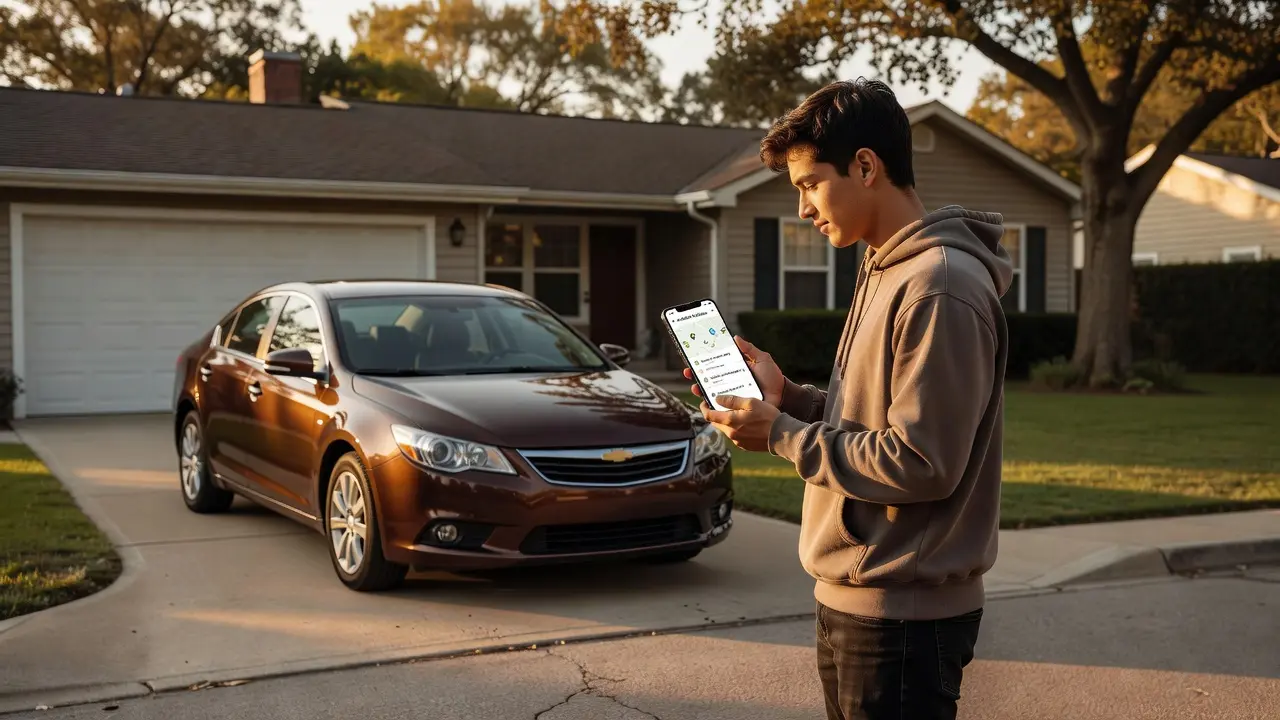 A car parked in a driveway with a smartphone showing a car-sharing app nearby