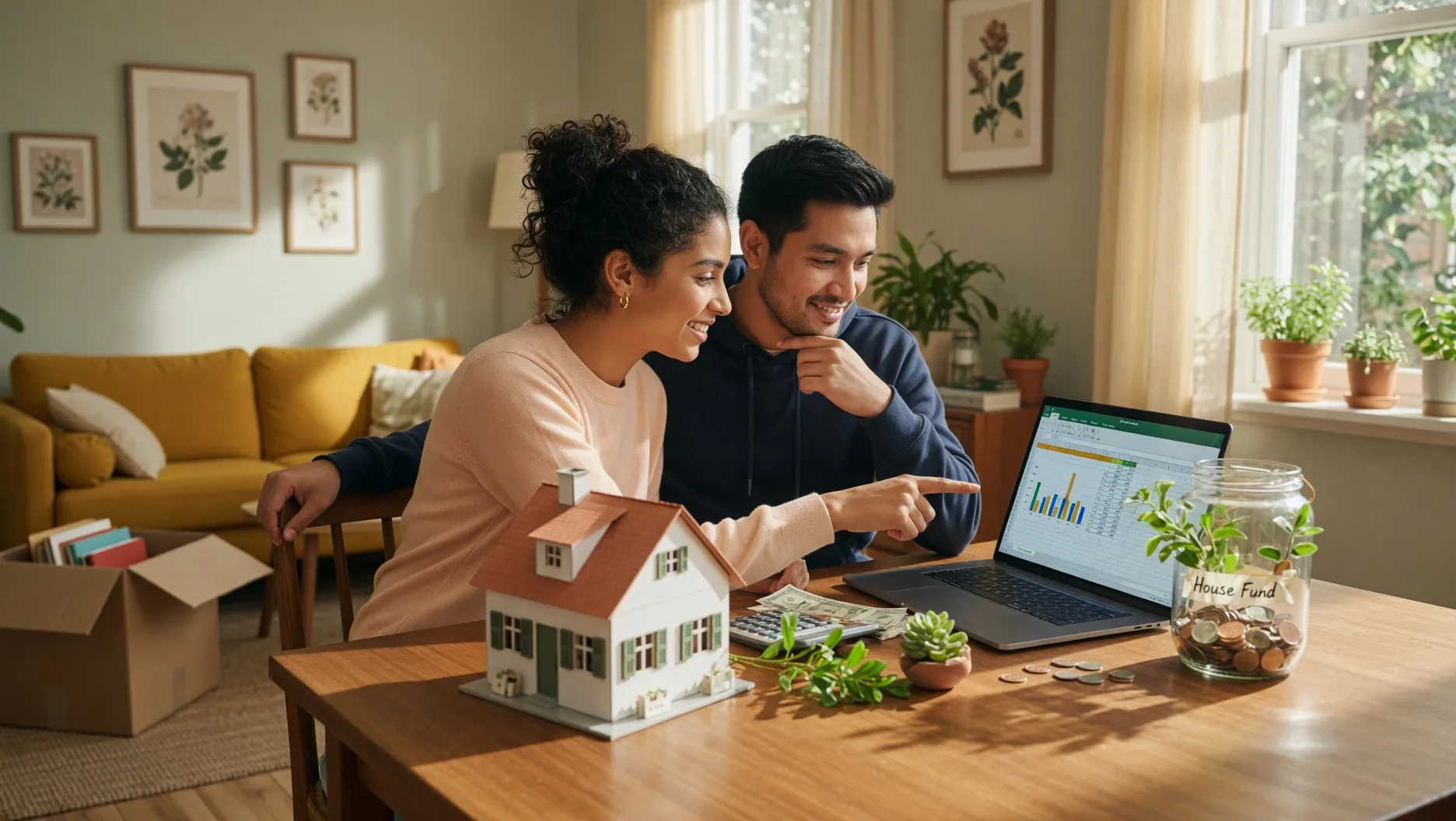 Young couple reviewing house savings plan on laptop with model house and growing savings jar on the table