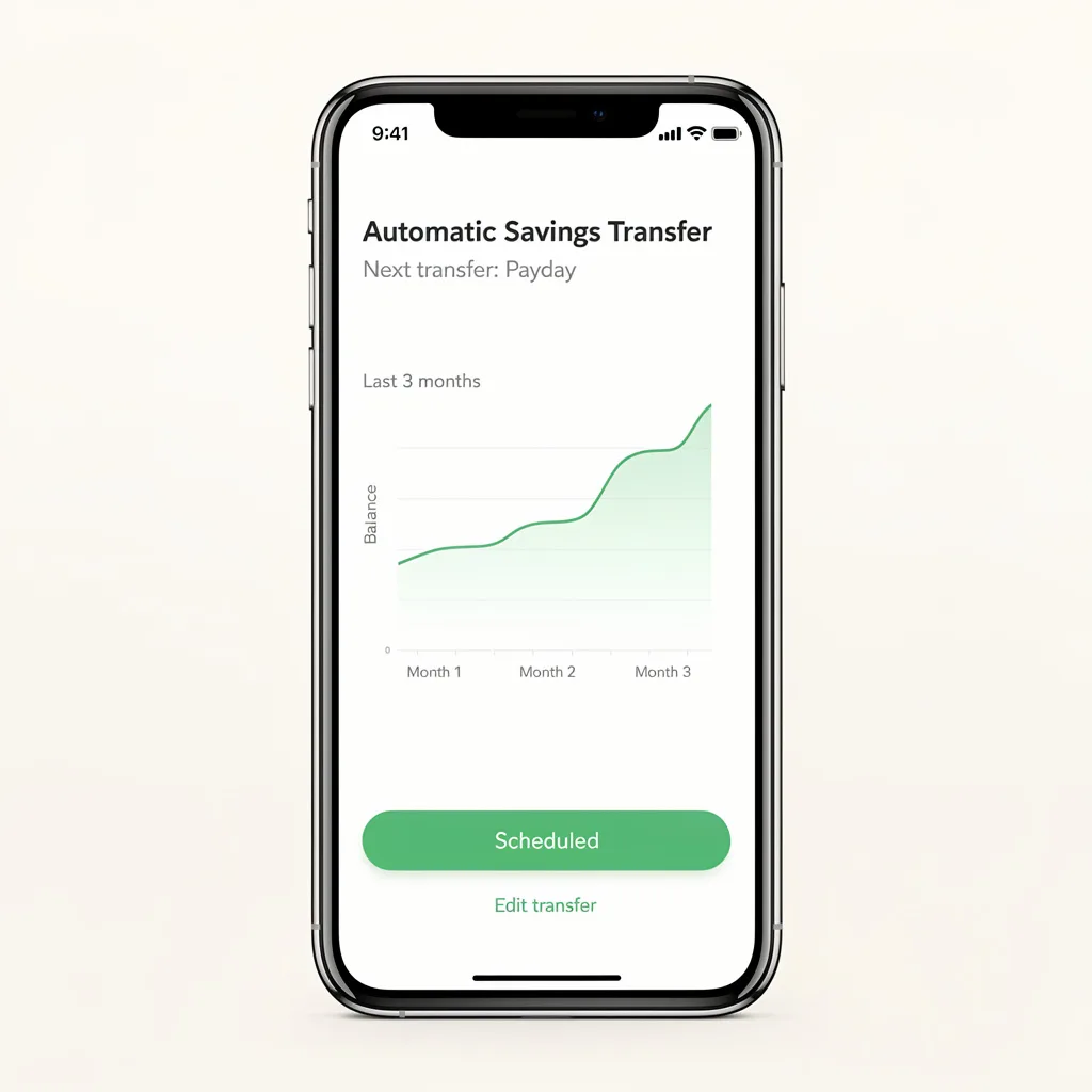 Phone screen showing automatic savings transfer scheduled for payday with growing account balance over three months