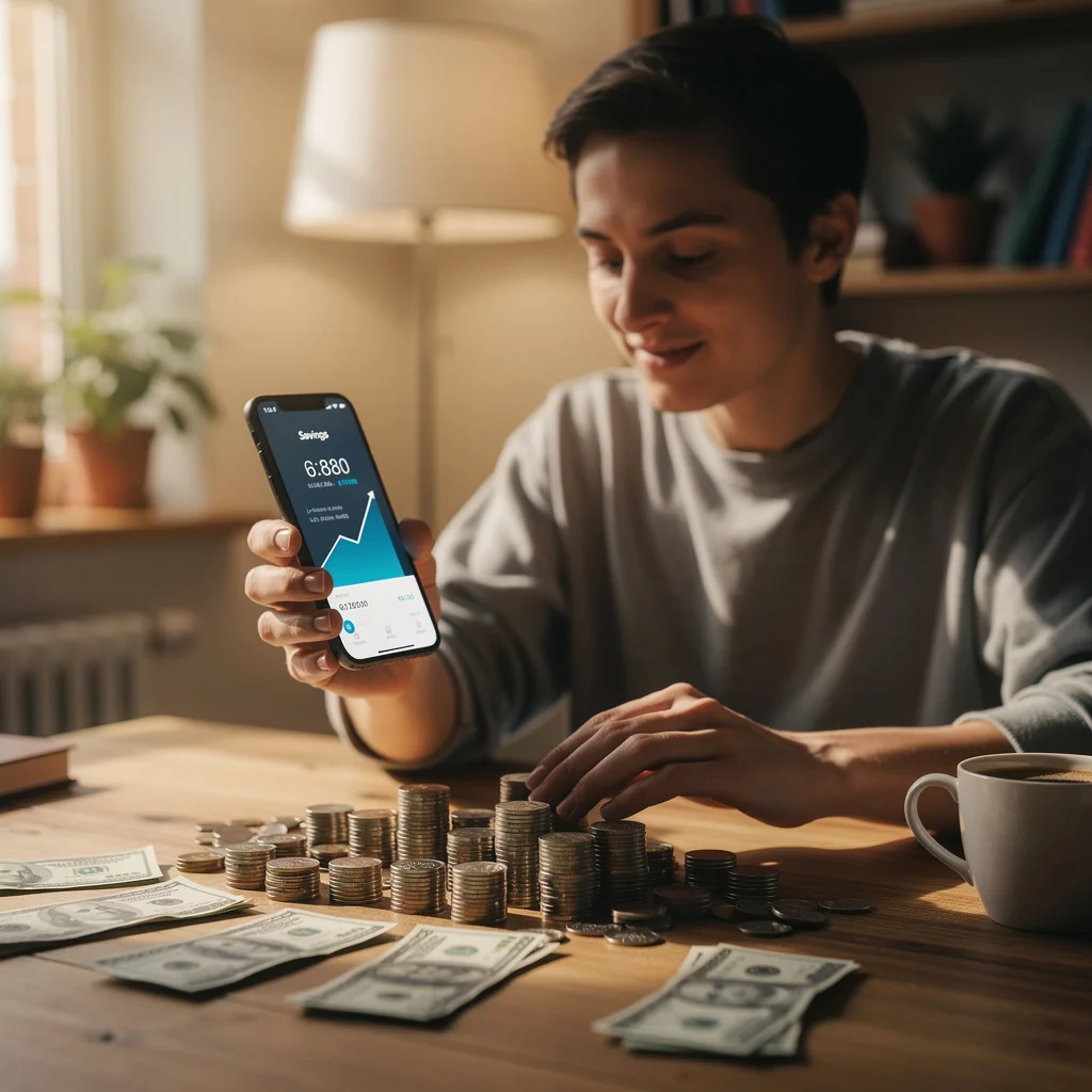 Person organizing coins and cash on a table while reviewing bank account on phone showing growing savings balance