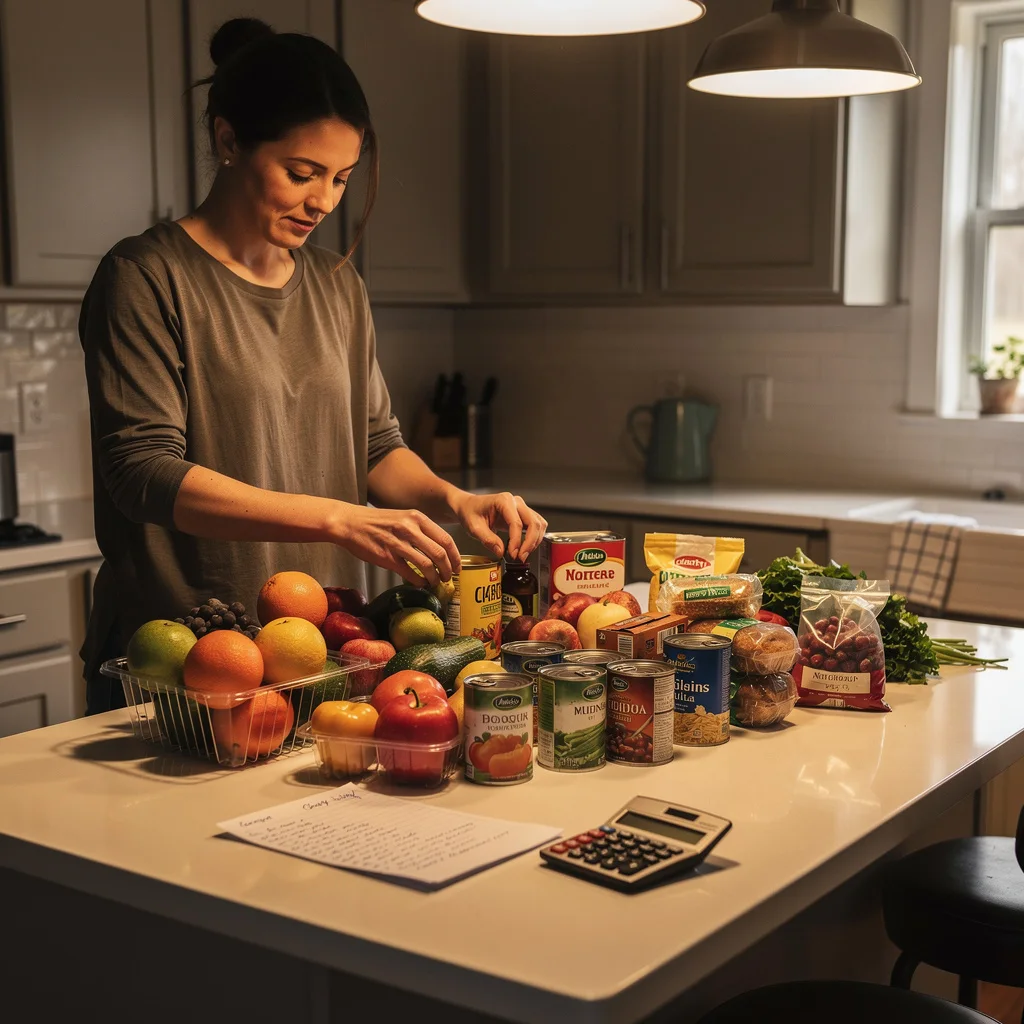Person organizing groceries and meal planning on kitchen counter with a written shopping list and calculator