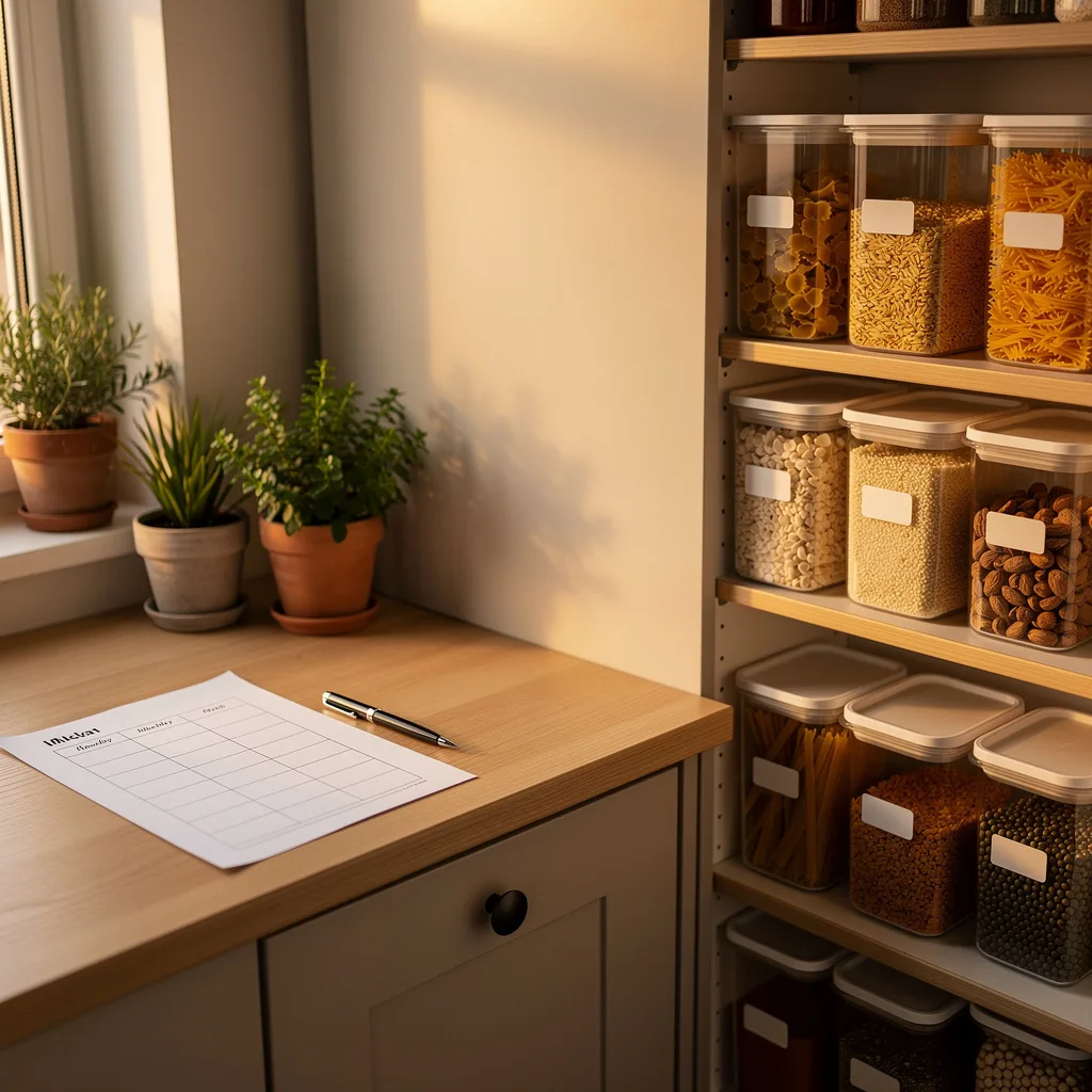 Weekly meal plan written on paper next to organized pantry with labeled containers showing bulk food storage