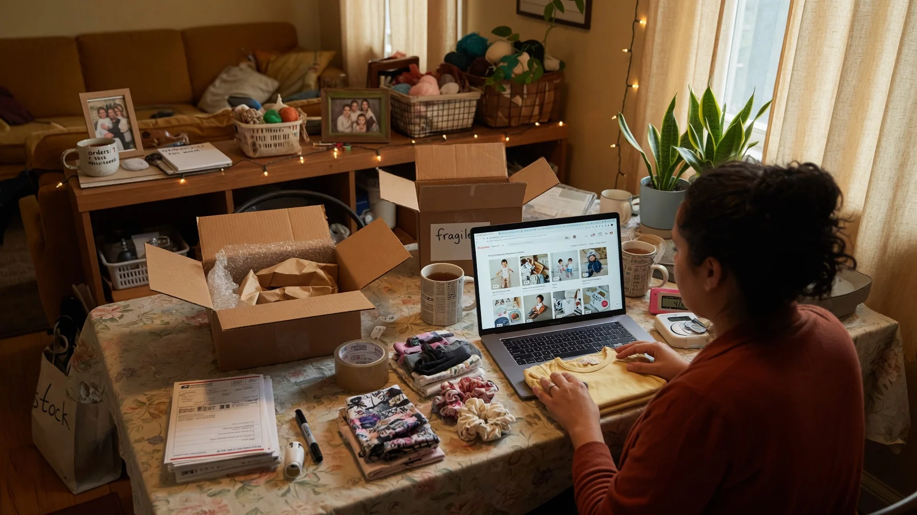 Person packing items to sell online at home with a laptop showing marketplace listings and shipping boxes ready