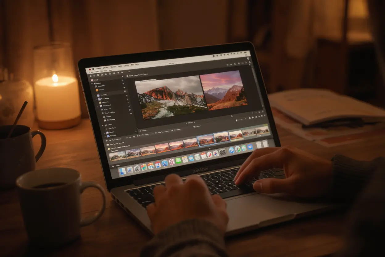 A person reviewing and editing photos on a laptop before uploading to a stock photography site