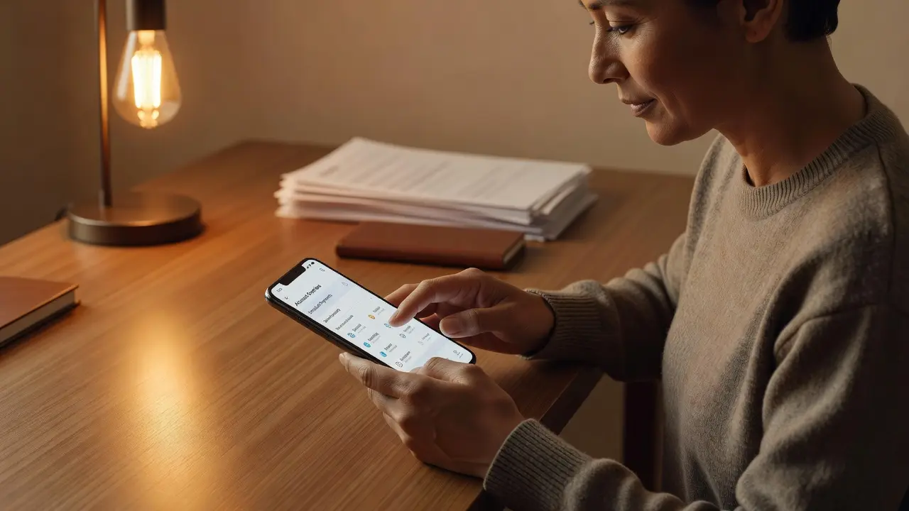 A person setting up automatic bill payments through a banking app on a phone