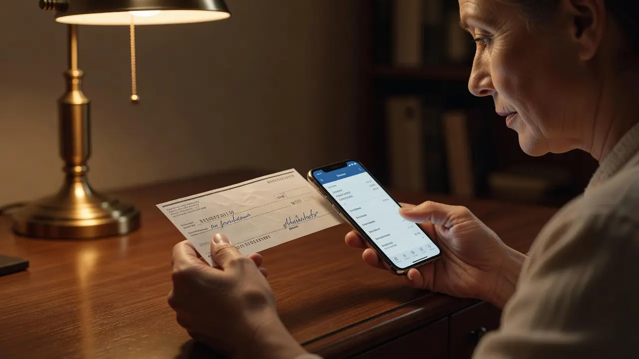 A person looking carefully at a check before depositing it, checking it against bank information on a phone