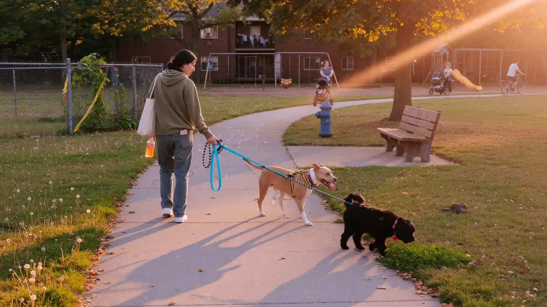 A dog walker walking two leashed dogs through a neighborhood park