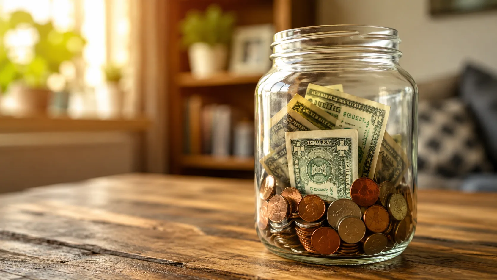 Glass jar filling up with coins and dollar bills representing savings progress