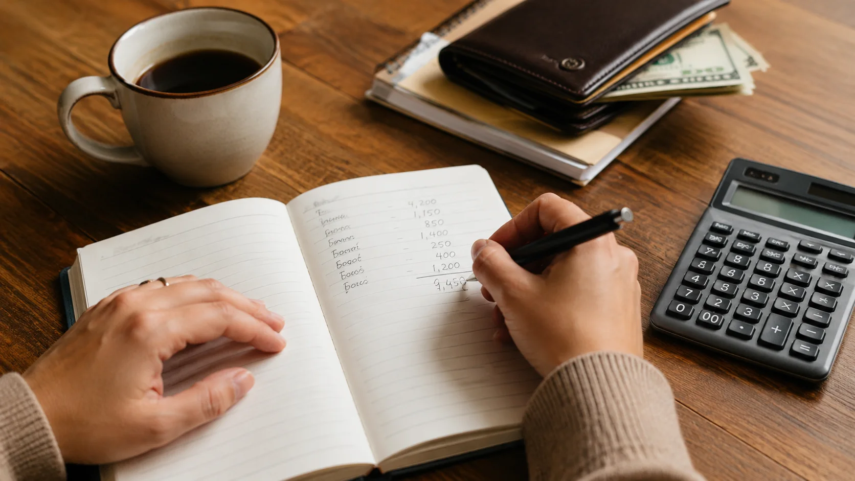 Open notebook with handwritten budget categories and monthly spending totals