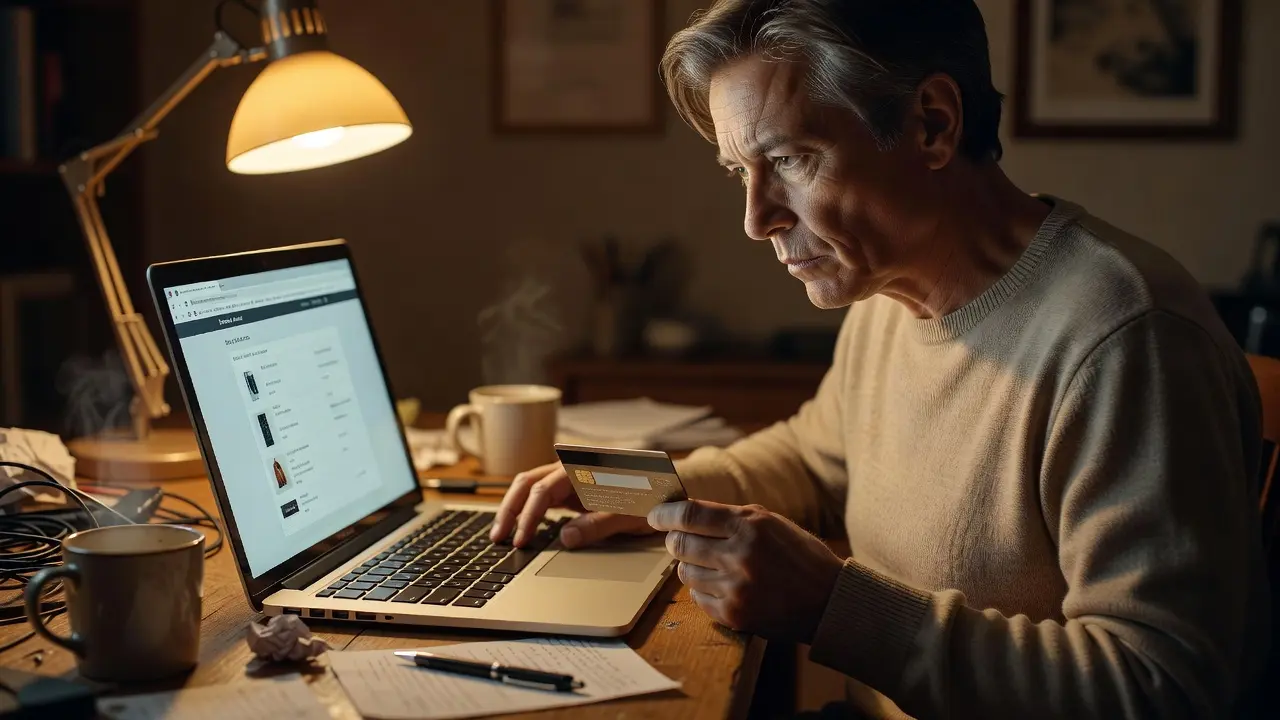 A person pausing thoughtfully before an online purchase on a laptop, holding a credit card, representing stopping impulse spending