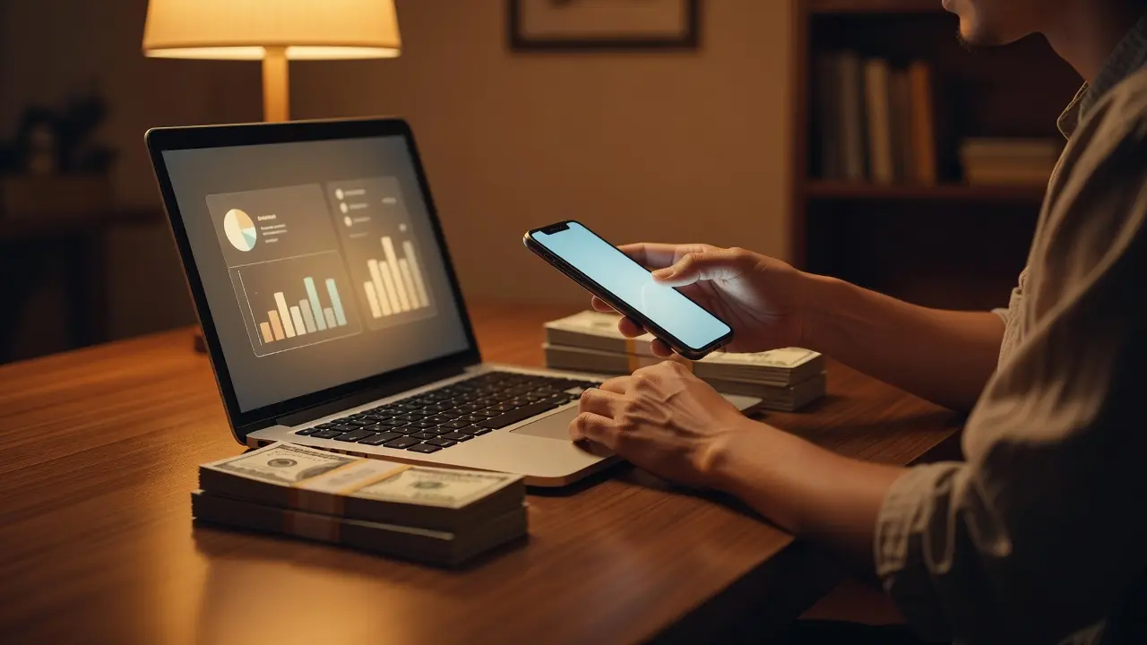 A person moving money between two bank accounts on a phone and laptop, representing switching banks without missing a payment