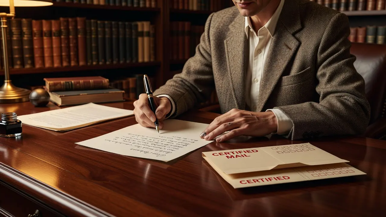 A person writing a debt validation letter at a desk with a certified mail envelope
