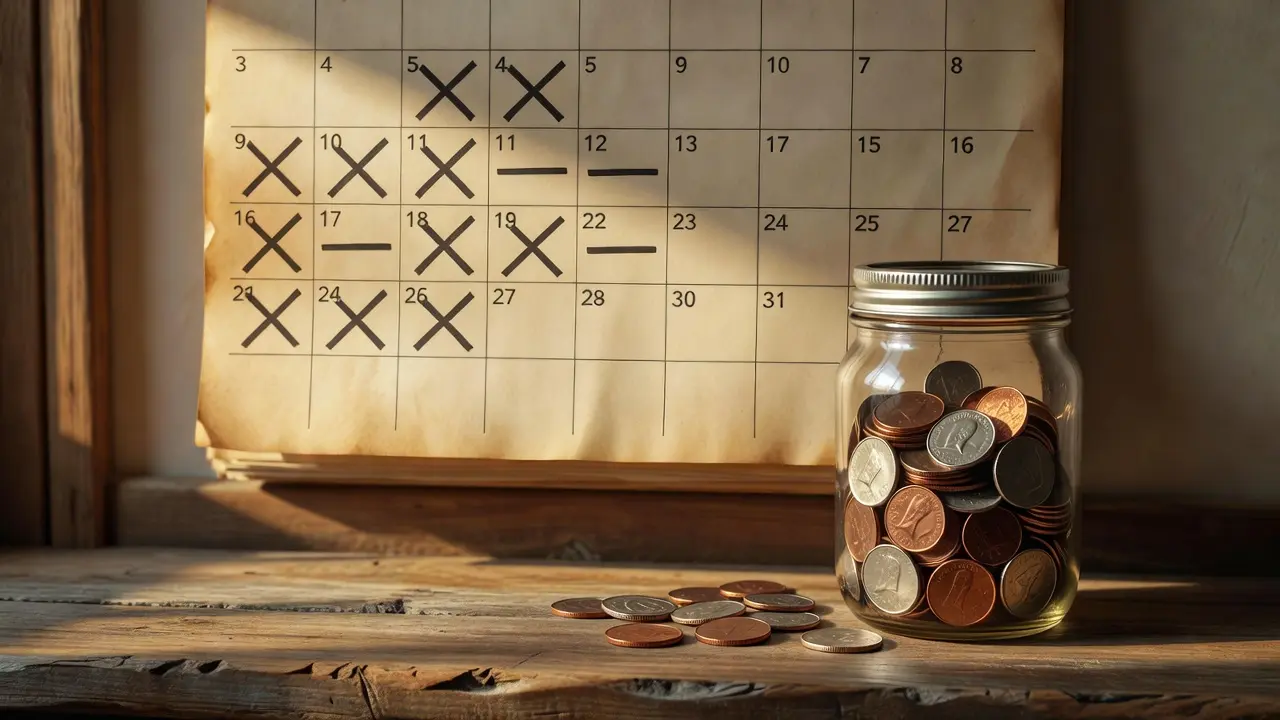 A wall calendar with no-spend days marked off next to a jar of saved coins