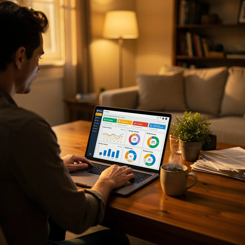 Person reviewing multiple income streams on laptop dashboard showing dividend earnings, rental income, and savings interest
