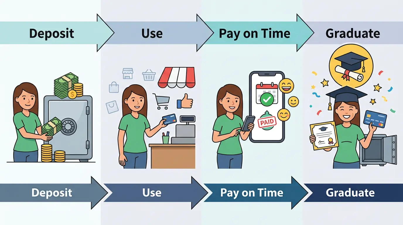 Four-step flow showing a secured card journey: pay deposit, use the card, pay on time, graduate to unsecured and get deposit back