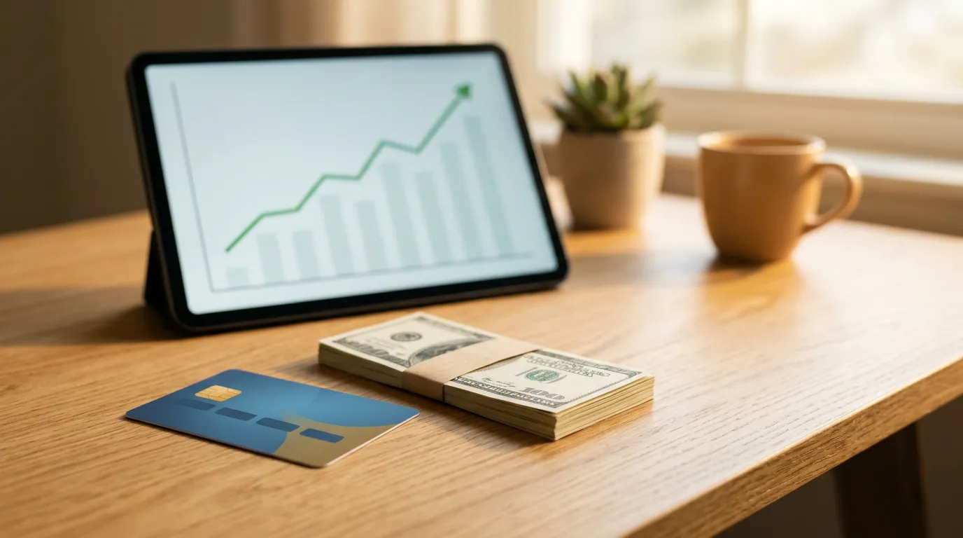A secured credit card next to a cash deposit and a rising credit score graph, showing how the deposit builds credit