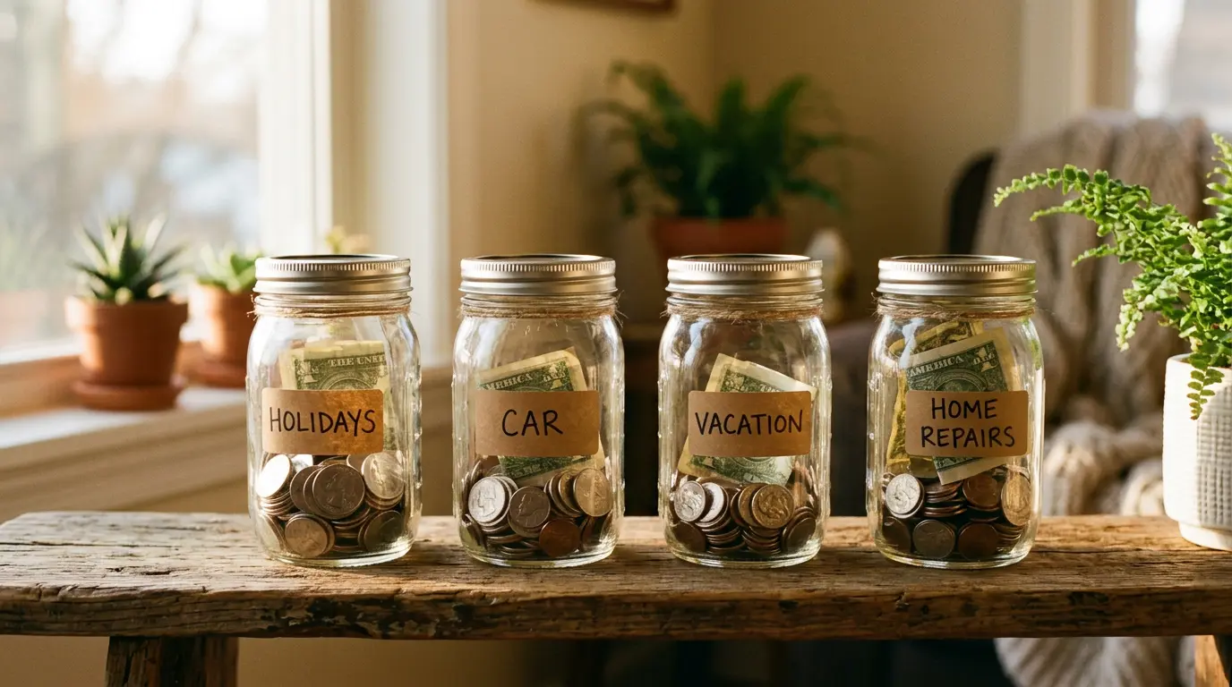 Several labeled savings jars for holidays, car, vacation, and home repairs each partially filled, representing sinking funds
