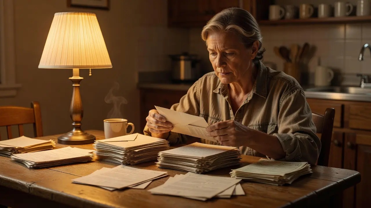 A person sorting a stack of bills at a kitchen table, deciding which to pay first when money is tight