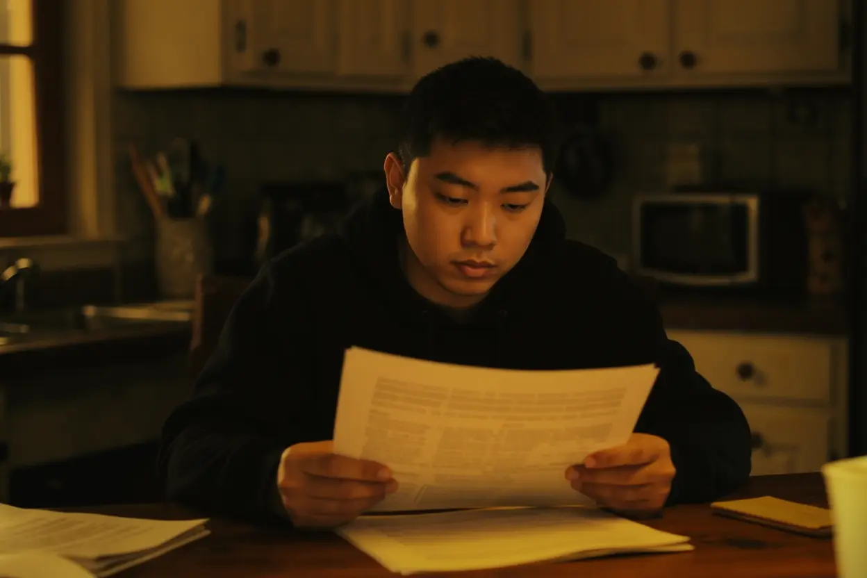 A person reading a legal summons document at a kitchen table with a concerned but composed expression