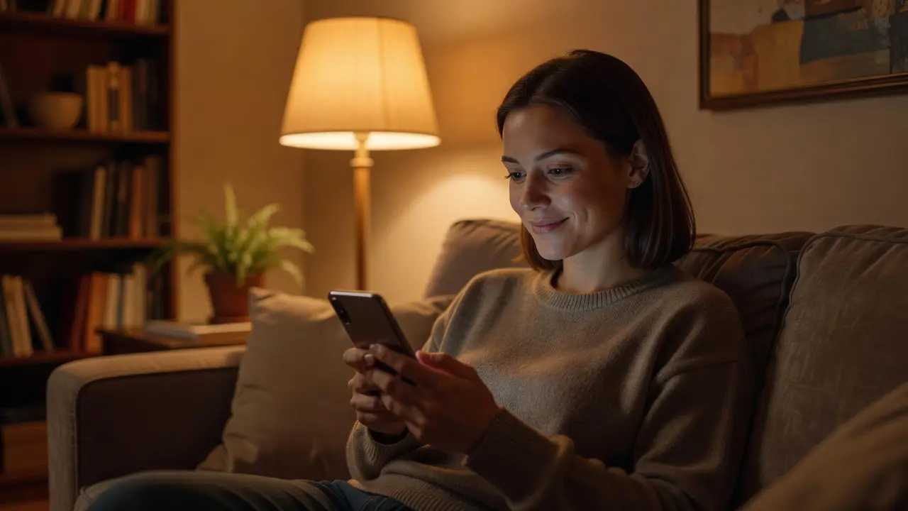 A person calmly checking their banking app on a phone at home