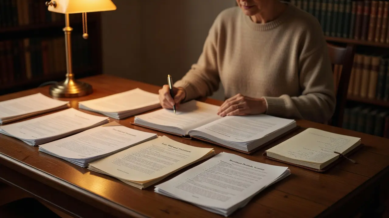 A person reviewing estate paperwork and financial documents at a table