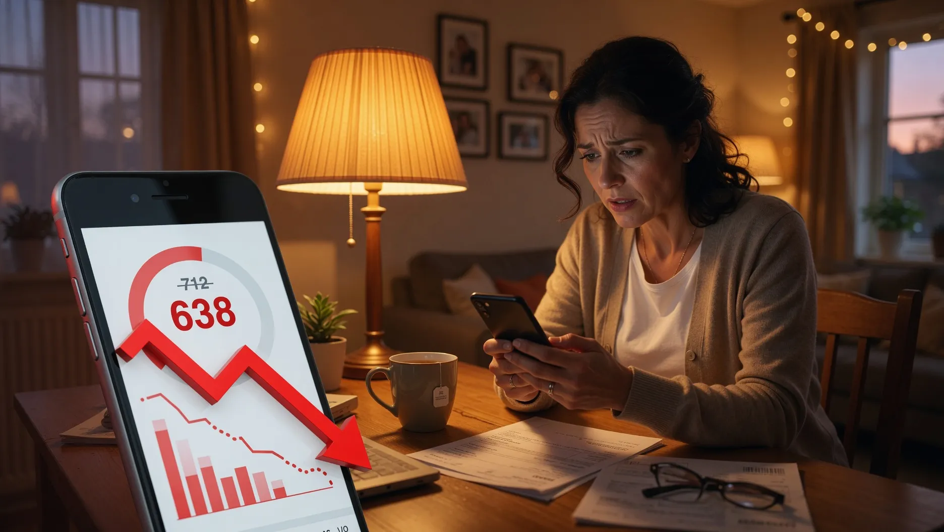 Person looking concerned at phone showing a credit score dropping with a downward red arrow and declining graph