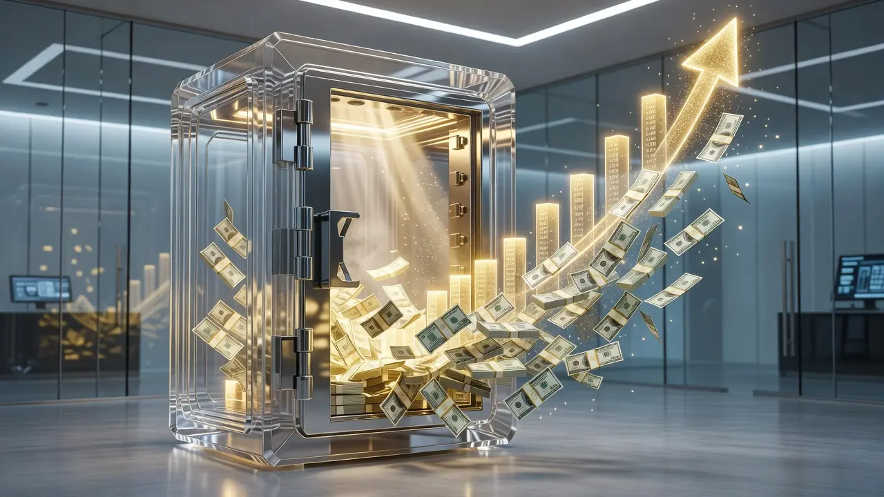 Money held in a locked savings account unlocking into a rising credit score, illustrating how a credit builder loan works