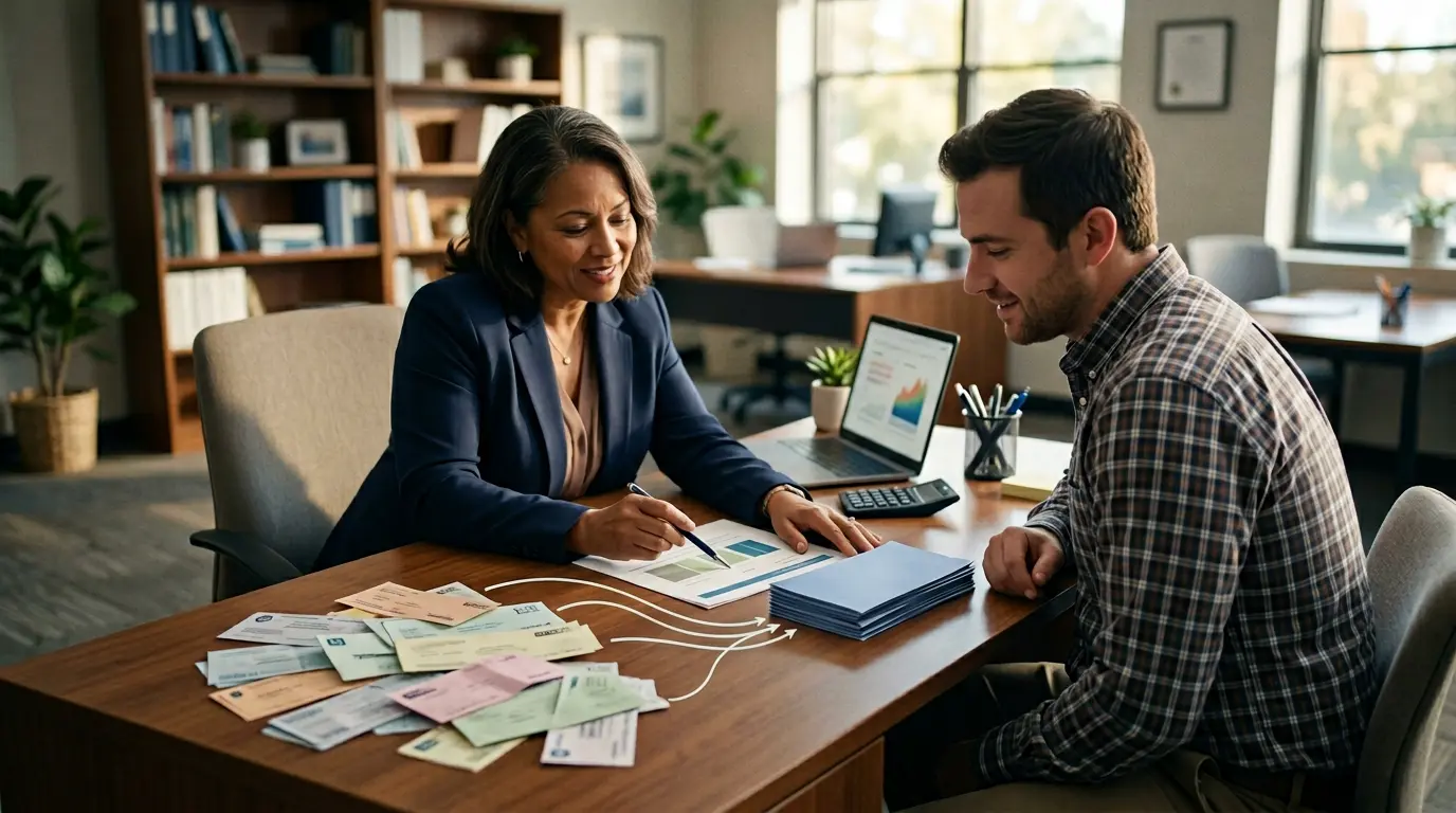 A credit counselor and client reviewing a debt management plan at a desk, consolidating several credit card bills into one payment