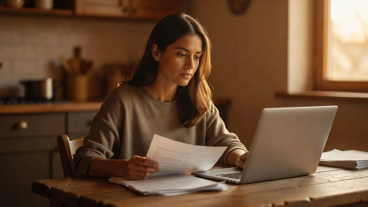 A person reviewing paperwork and a laptop after a vehicle repossession notice