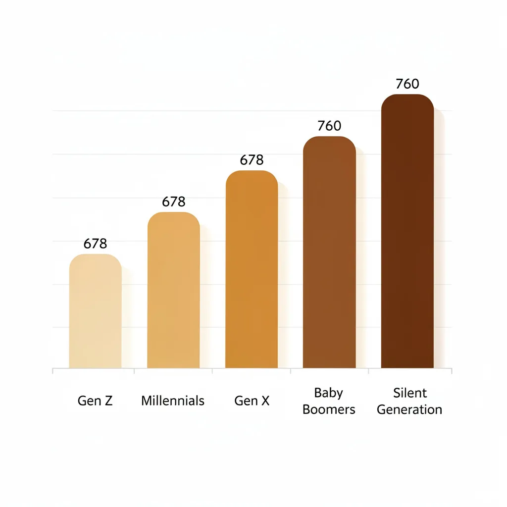 Bar chart showing average FICO credit scores by generation from Gen Z 678 to Silent Generation 760 in 2025