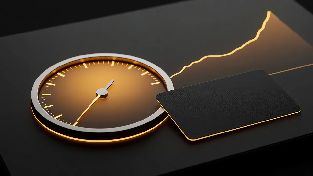 A gauge showing low credit utilization next to a credit card and rising score, representing a good credit utilization ratio
