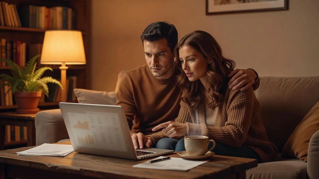 A couple reviewing shared finances together on a laptop, representing a joint bank account for managing money as a team