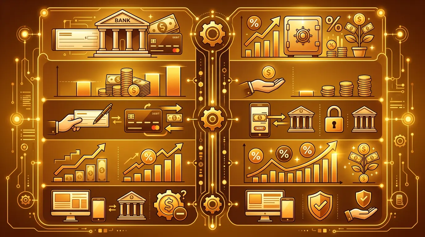 Side-by-side comparison of a money market account and a high-yield savings account showing features and minimum balances